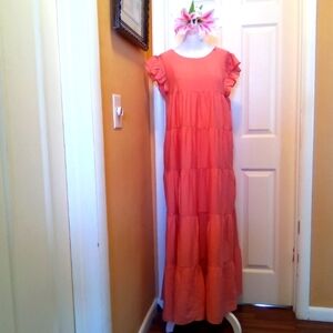 La'Ven Dress Women's Size Medium, Peach Colored Tiered Flutter Sleeves Flowy